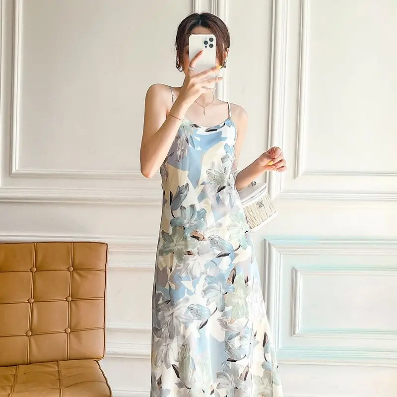 

Vintage Orchid Chiffon Slip Dress Women 2021 Summer Over Knee Camisole Mid-Long Base Dresses Femme
