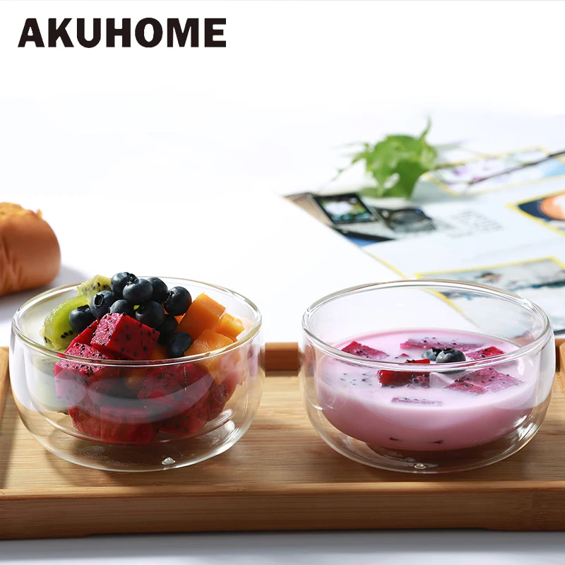 

1 Pcs Double Layer Transparent Glass Bowl Ice Cream Heatproof Salad Dinnerware