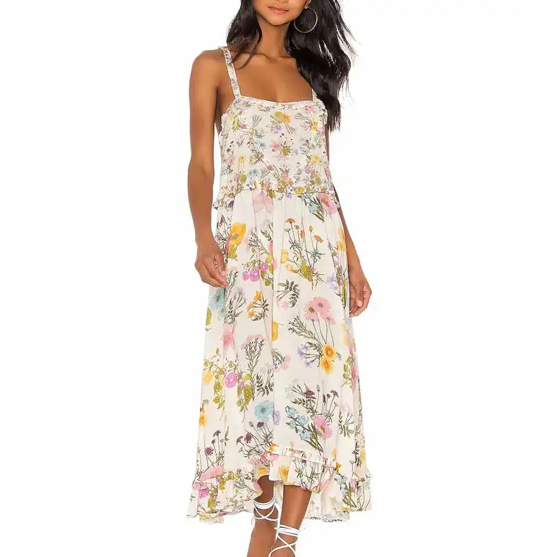 strappy dress Богемный Вдохновленный дикий цветочный лето осень платье для женщин с рюшами и v-образным вырезом эластичное бохо платье с длинным рукавом женское платье - Цвет: strappy dress