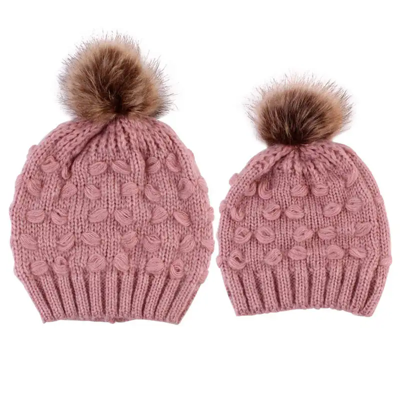 2 PCS Set Family Matching Hat Autumn Baby Girls Boys Winter Warm Gorros Para Bebe faux Fur Pompom Ball Kids Knitted Beanies | Детская