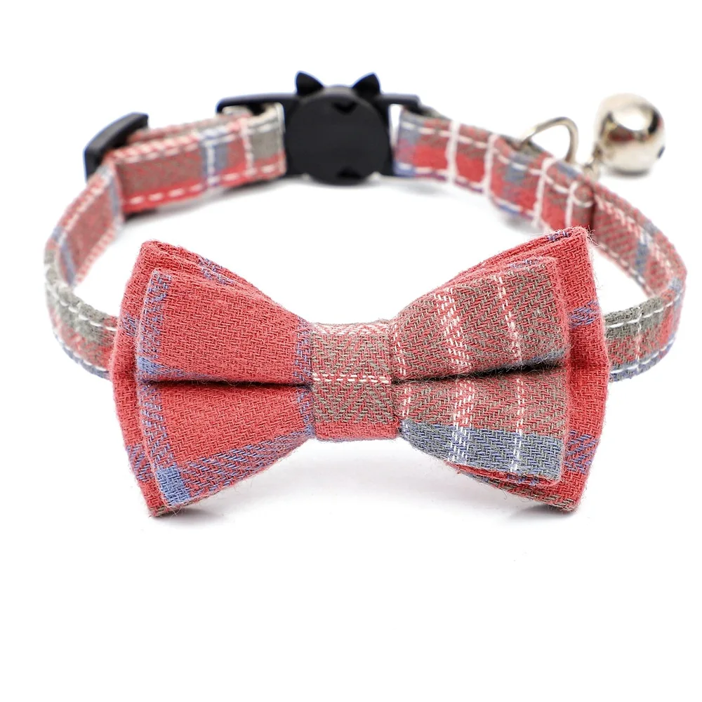 

Cotton Plaid Cat Collar Bowknot Removable Bell