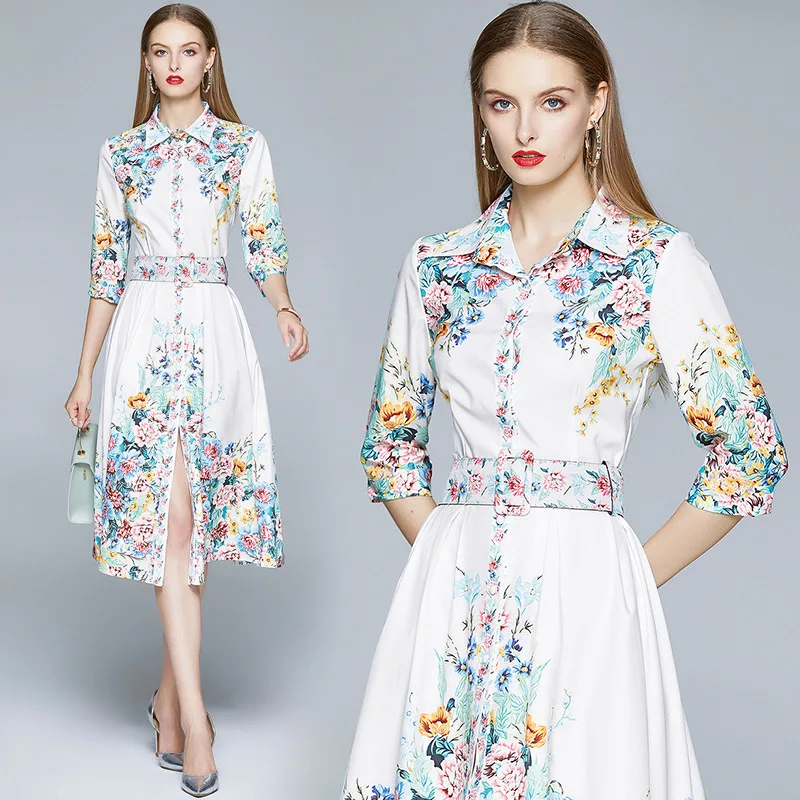 

French Spring Autumn Elegant Chic Woman Dress With Belt Office Lady OL Women Half Sleeve A Line Floral Print Vintage Shirt Dress