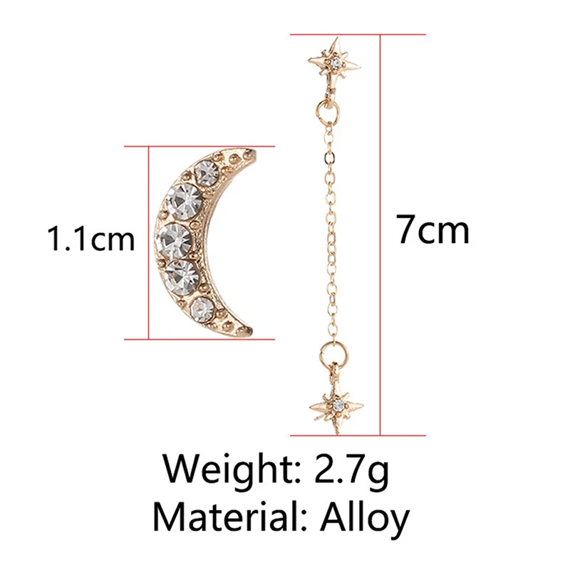 

2Pcs/Set Moon Double Star Chain Stud Earrings For Women Rhinestone 3 Ear Holes golden/sliver Earring Jewelry Orecchini