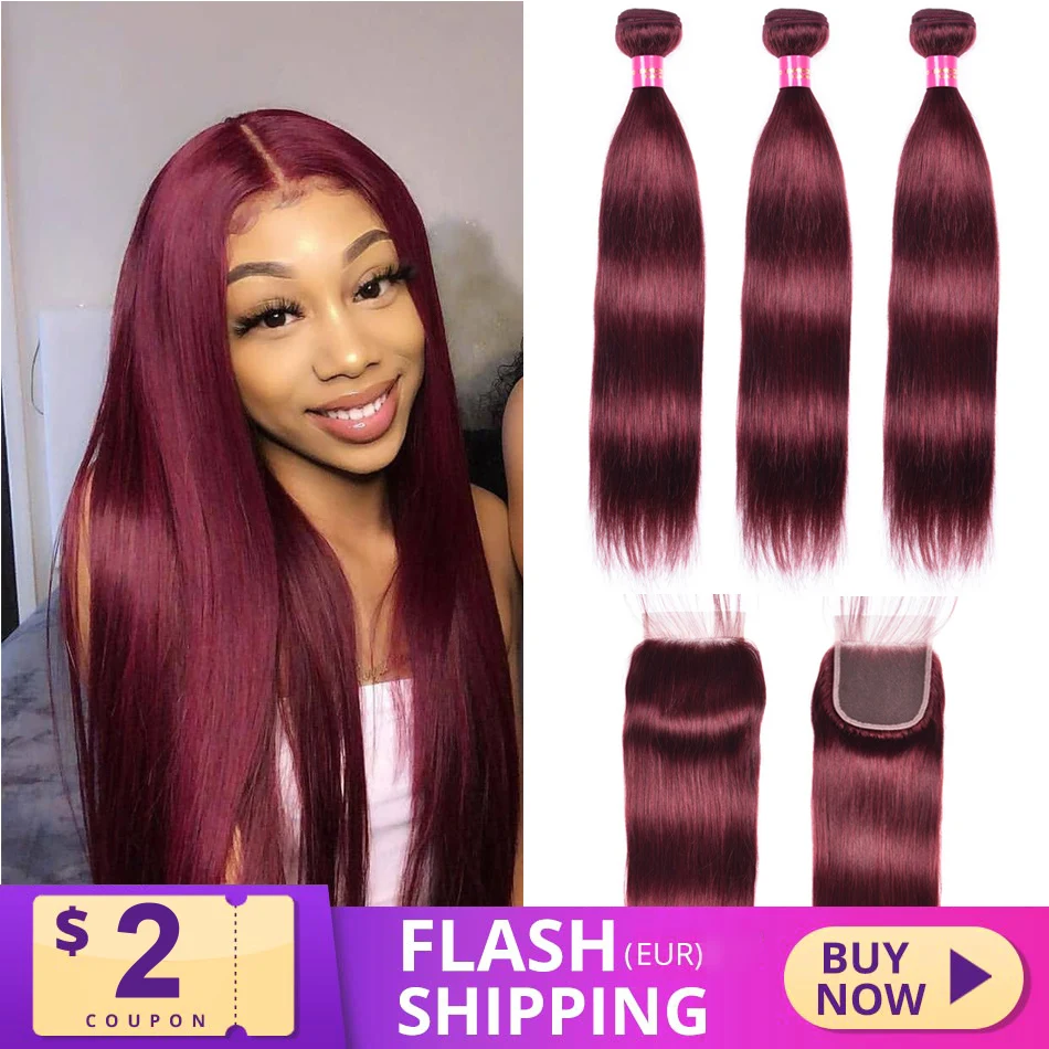 Мне нравится 99J прямые пряди волос с закрытием красный бордовый человеческих