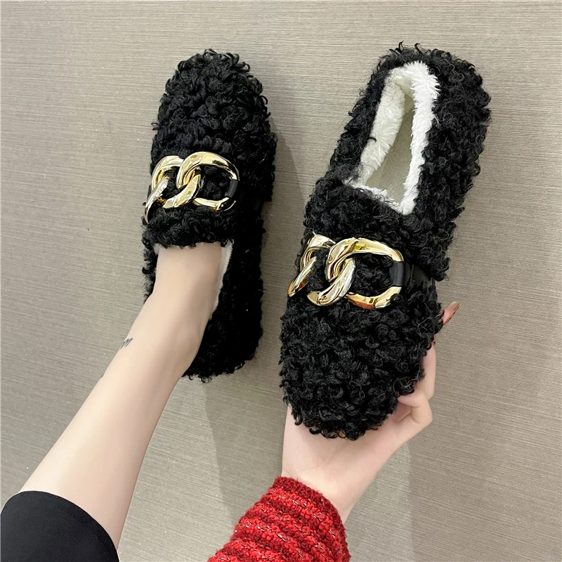 

Furry Shoes Women's Fall/winter Wear 2021 New Fashion Korean Version All-match One-step Plus Velvet Comfortable Flat Shoes