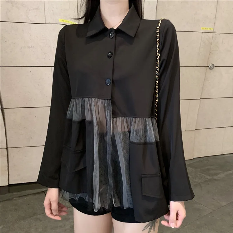 

Spring Oversized Blouses Women Mesh Patchwork Top Turn Down Collar Long Sleeve Shirts Loose Casual Single Breasted Ladies Blouse