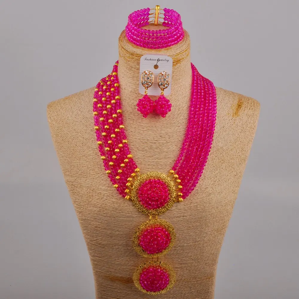 

New Nigeria Bride Jewelry Wedding Banquet Dress Accessories Fuchsia Pink Crystal Necklace African Wedding Jewelry Set SJ-103