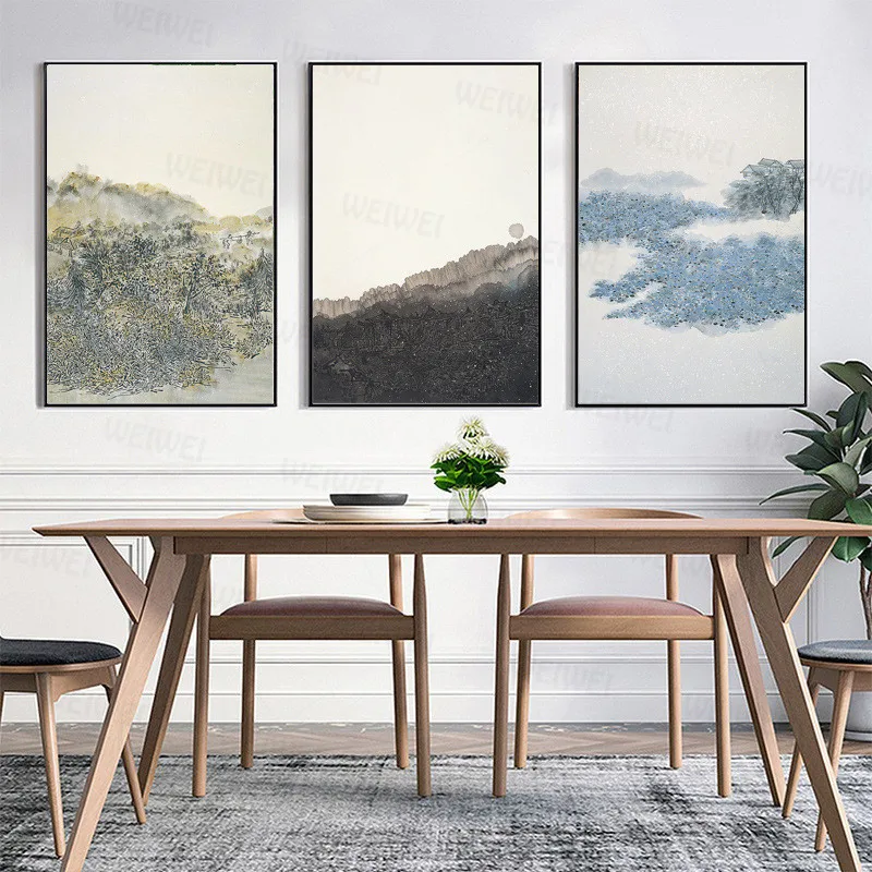 

New Chinese Zen Landscape Abstract Decorative Painting Living Room Triptych Painting Tea House Club House Ink Mural