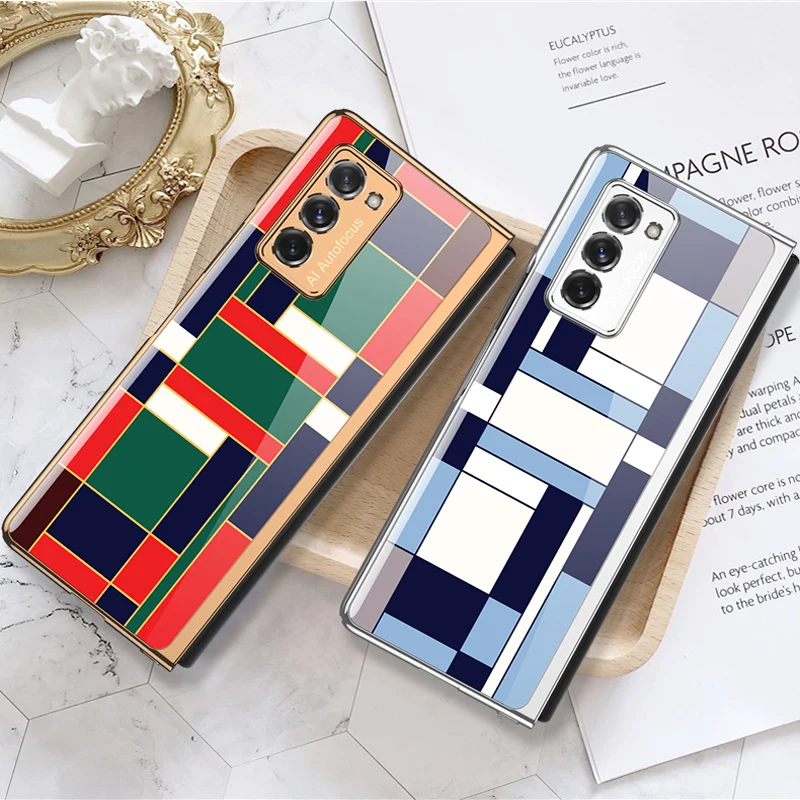 

Tempered Glass Phone Case For Samsung Galaxy Z Fold 2 W21 Fold2 5G Plating Edge Grid Pattern Cover Full Protection Case