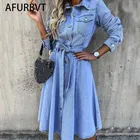 Платье женское джинсовое на пуговицах, Повседневный Сарафан-трапеция с завышенной талией, отложным воротником и карманами, голубое уличная одежда, на весну