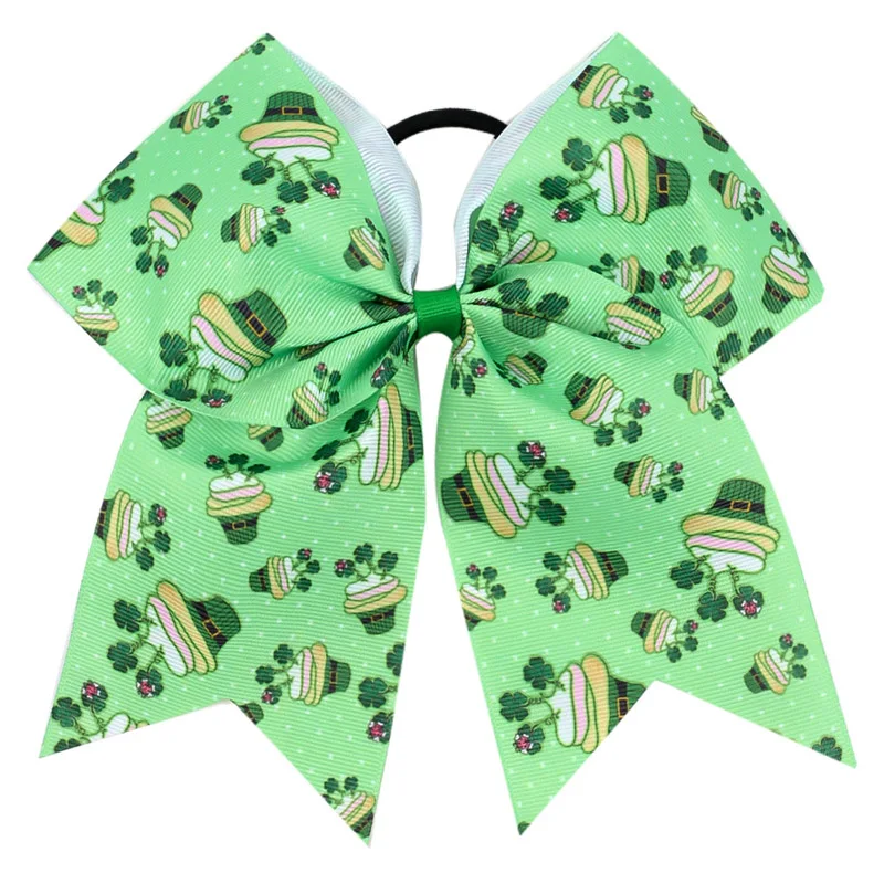 

7" St. Patricks Day Large Bow Hair Tie Girl Rainbow Letter Car Print Ribbon Hair Rope Holiday Party Childrens Hair Accessories