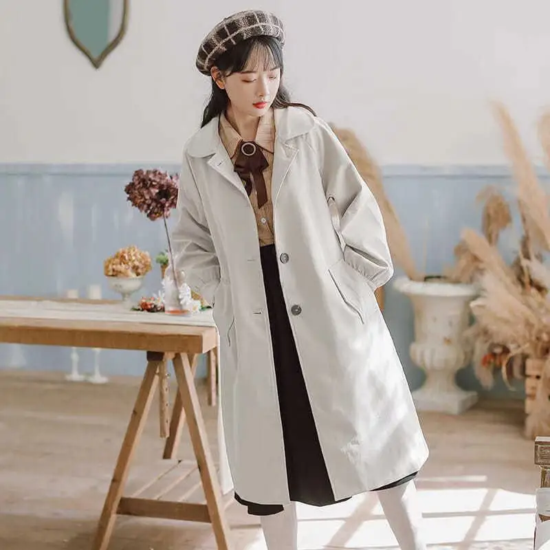 

Women waist closing windbreaker autumn Korean version loose style retro coat solid color connecting leisure long windbreaker