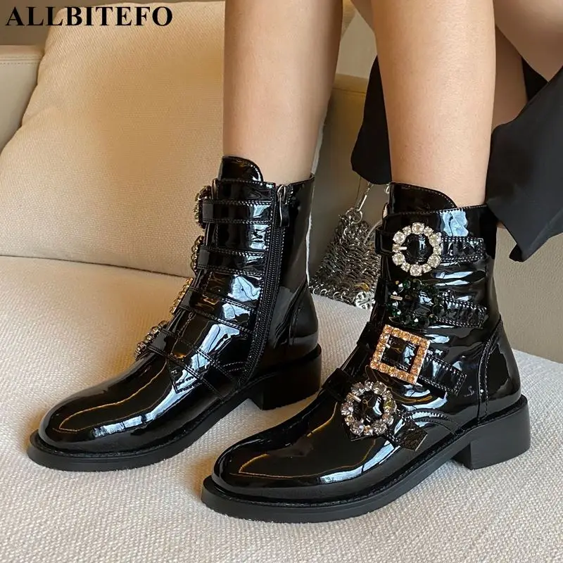 

ALLBITEFO Genuine Leather Metal buckle Thick Heels Ankle Boots For Women Brand High Heels Shoes Winter Snow Women boots