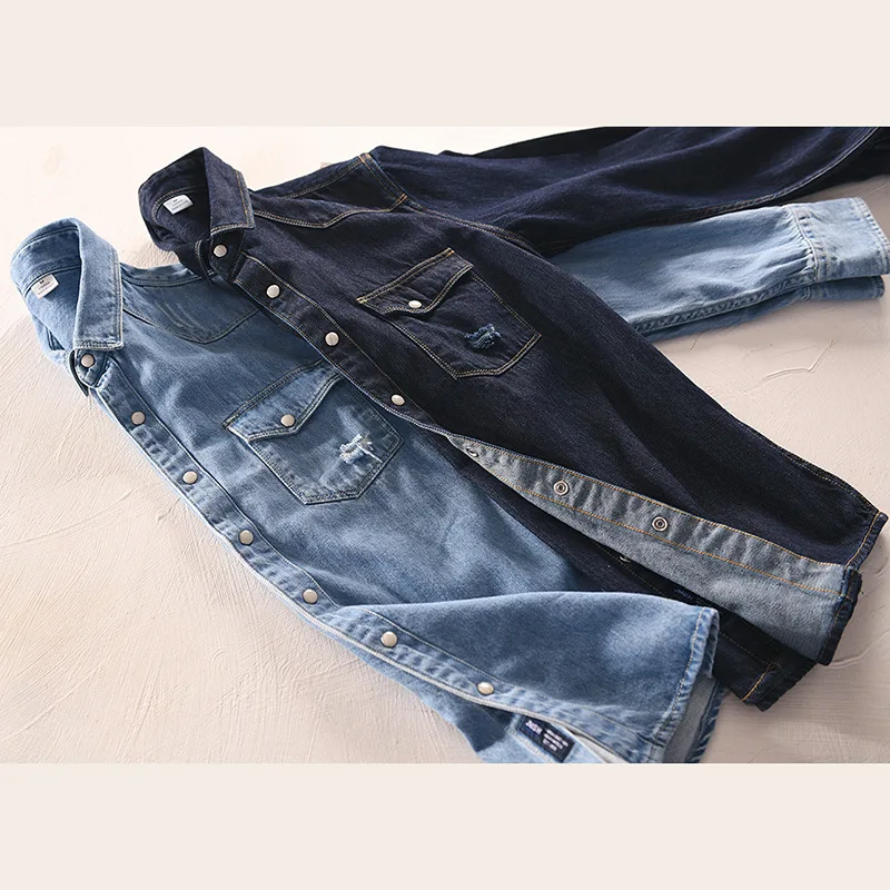 Брендовые новые джинсовые мужские рубашки с дырками 2020 длинным рукавом