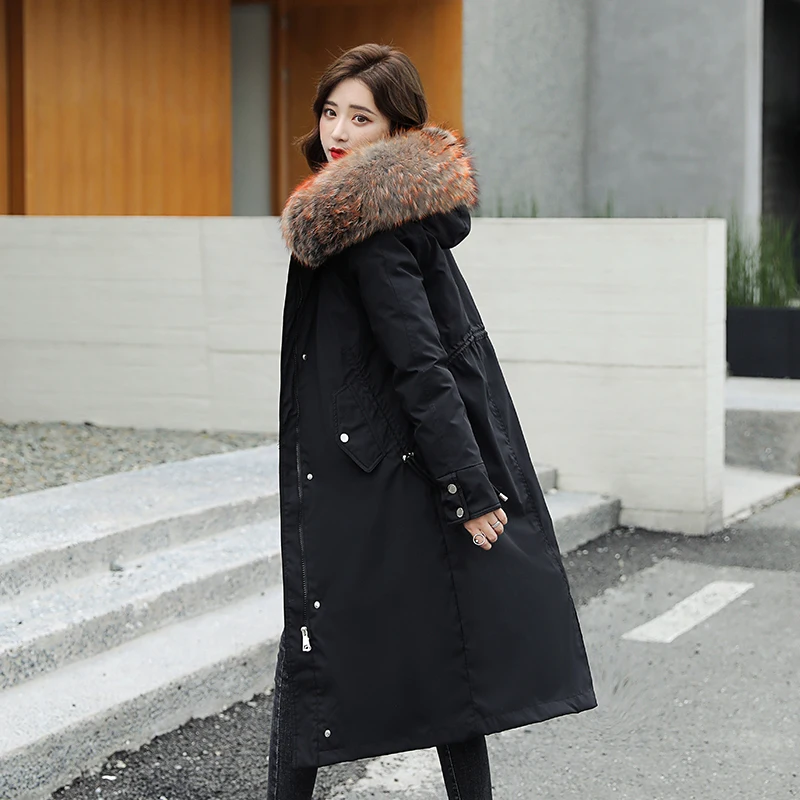 

Women's Winter Jackets With Fur Collar X-long Parkas Woman Solid Slim Hooded Wool Liner Casual Thick Female Cold Coat
