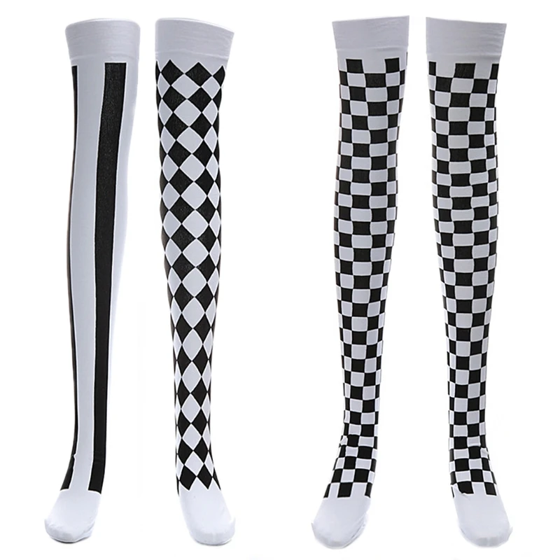 

24BC Clown Costume Black White Plaid Knee-High Long Socks Halloween Carnival Party
