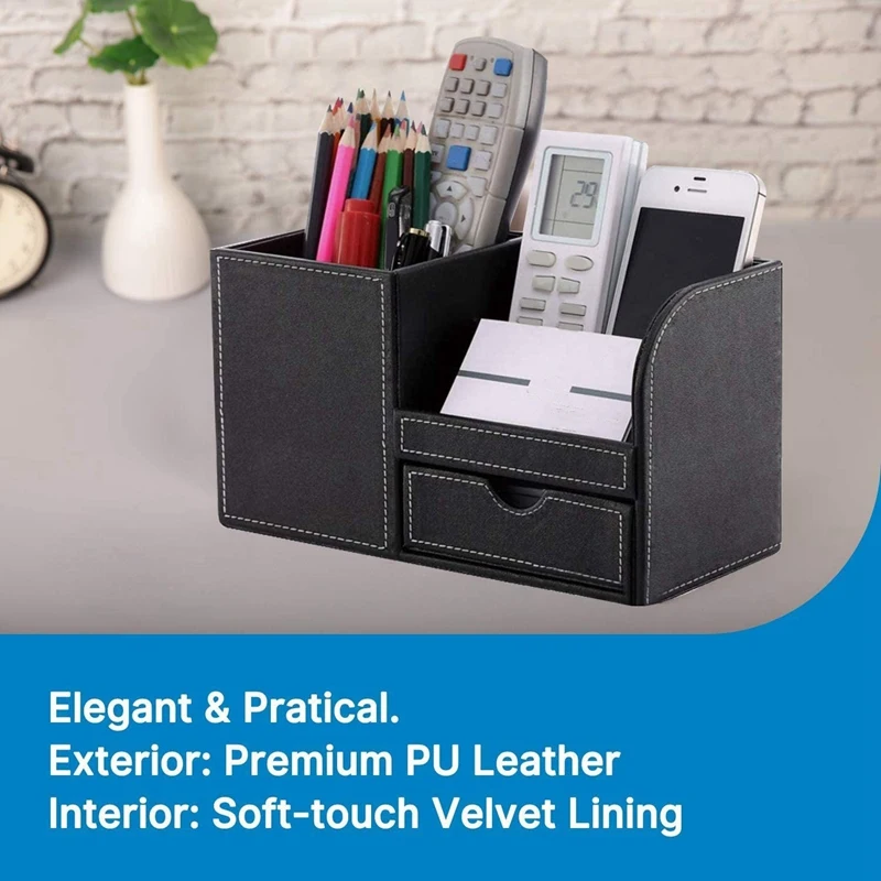 

Leather Desk Organizer Multifunctional Pen Container with Small Drawer,Pen/Pencil,Cell Phone,Remote Control Desktop
