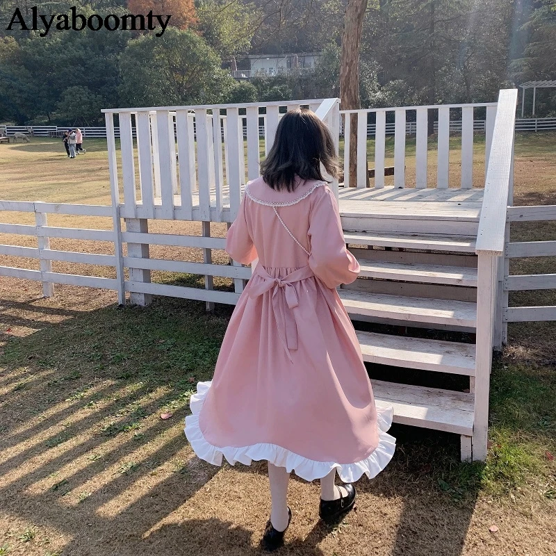

Japanese Mori Girl Autumn Women Long Dress Peter Pan Collar Pink Loose Dress Flare Sleeve Cute Kawaii Ruffles Lolita Party Dress