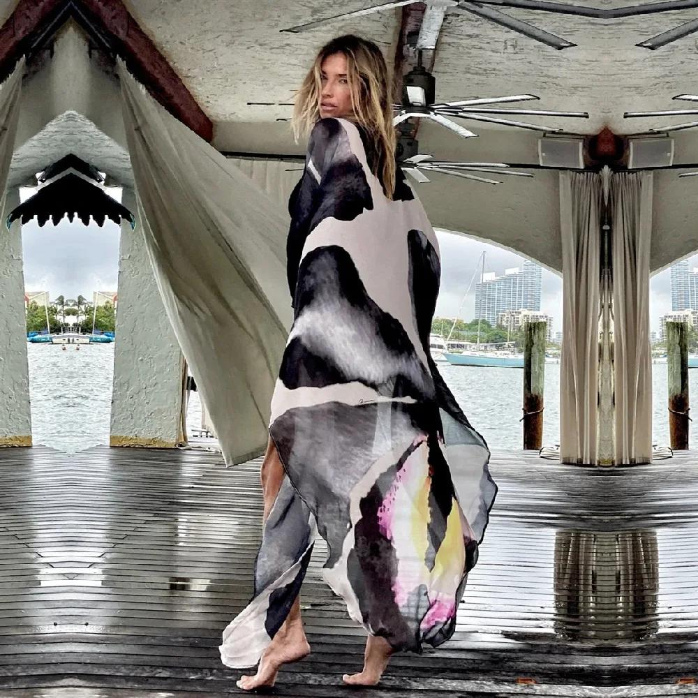 2021 Black Boho Printed Chiffon Top Plus Size Clothing For Women  Kimono Dress Ins Style Shirts Blouse Dresses Summer A796