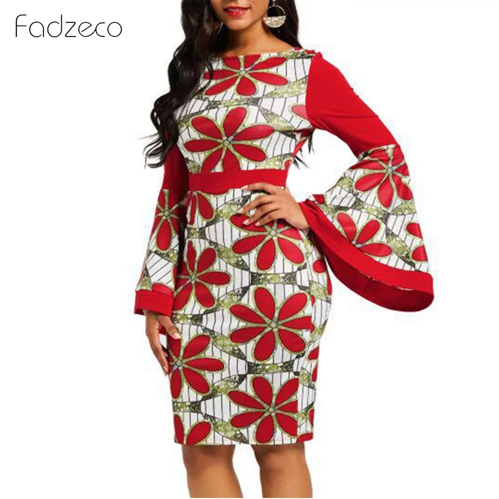 Fadzeco африканские платья для женщин с длинными рукавами платье Гофрированные Рукава юбка карандаш Прямая