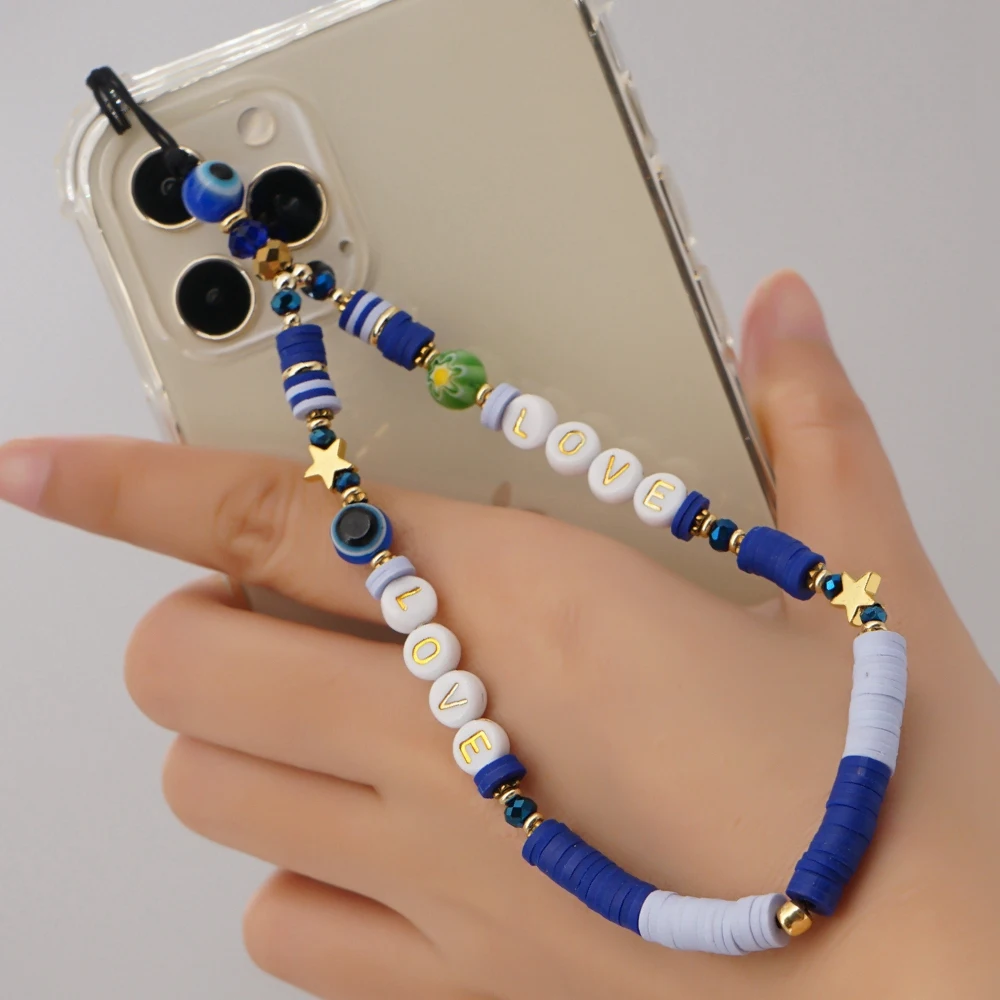 

Go2Boho Mobile Strap Phone Chain Polymer Clay Beaded 2021 LOVE Star Evil Eye Charm Heishi Telephone Jewelry Anti-Lost Lanyard