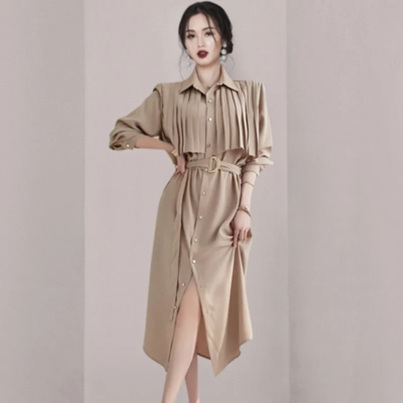 

Fashion Korean Style Autumn Casual Pleated Dress For Women Elegant Solid All-Match Temperament Elegant Loose Long Dress