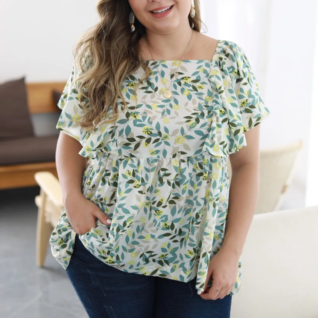 CHAMSGEND женская футболка плюс размер цветочный принт летняя круглый ворот короткий