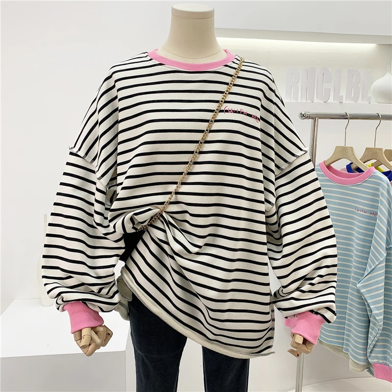

Spring Women's Plus Size Crewneck Stripe Pullover Sweatshirts Long Sleeve Korean High Street Loose Oversized Sweats Coats