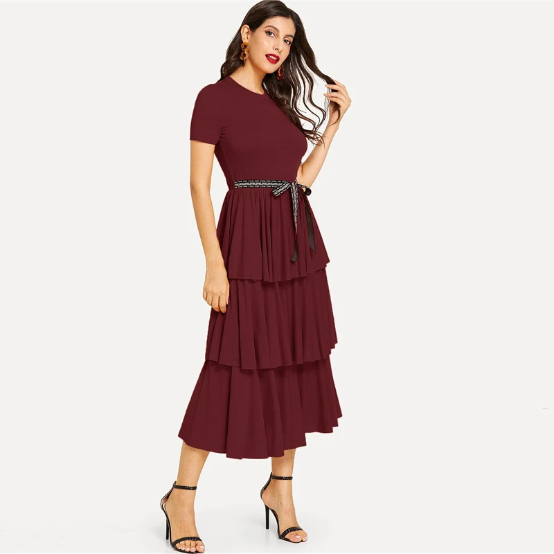 SHEIN Элегантное Длинное Платье с контрастной завязкой на талии, с многослойной оборкой, с высокой талией, женское летнее однотонное офисное платье трапециевидной формы, Платья для вечеринок