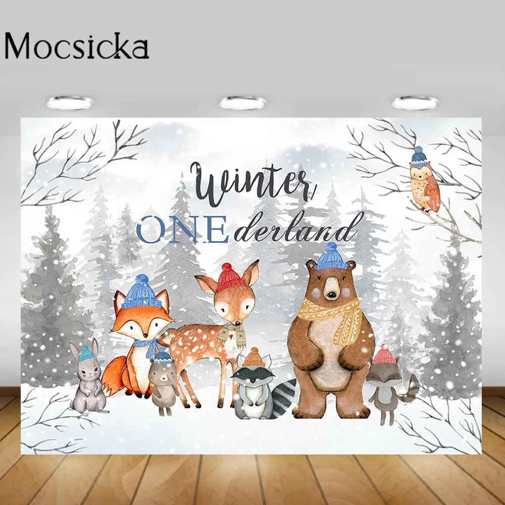 

Mocsicka Winter Onederland Baby One Birthday Party Backdrop for Photography Forest Snowflake Animals Cake Smash Photo Background