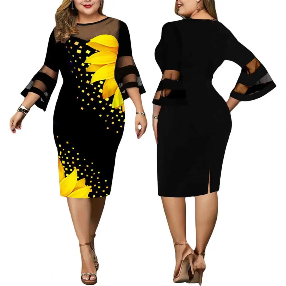 

5XL Women Plus Size Dress Digital Print Mesh Patchwork Elegant Flare Sleeve Mid-Calf Bodycon Thin Buttocks Dress Party Wear
