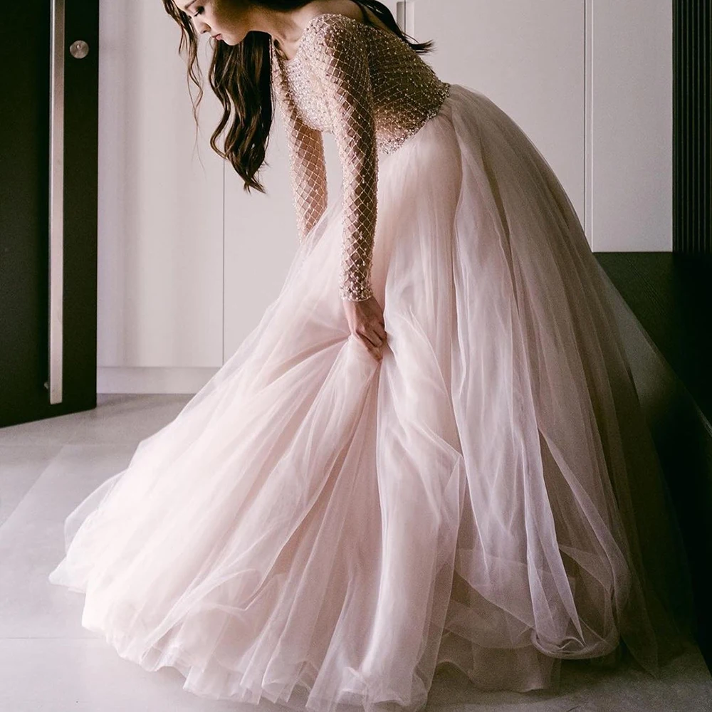 Vkbridal Luxury Dubai Crystal Wedding Dresses with Long Sleeves Hand Beading Ball Gown Tulle Bridal Gowns Illusion Neck 2020 New