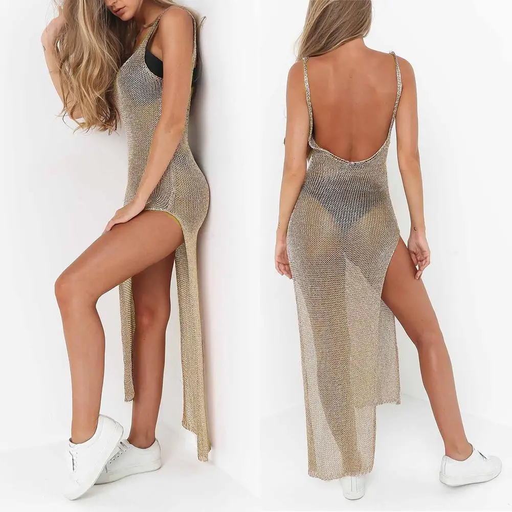 

2020 Sexy Women Solid Color See Through Sleeveless Side Split Bodycon Long Dress See Through Side Split Bodycon Dress For Bikini