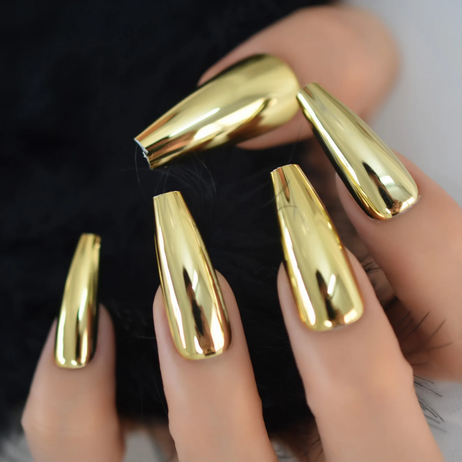

Pure Golden Color Simple Design Press On Nails Coffin Extra Long Supplies For Professionals Wholesale Charms Nail EchiQ 24pcs