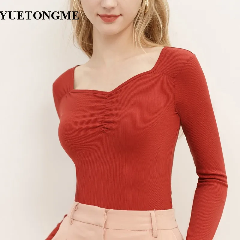 Весенняя Новая модная женская футболка с квадратным вырезом плиссированная