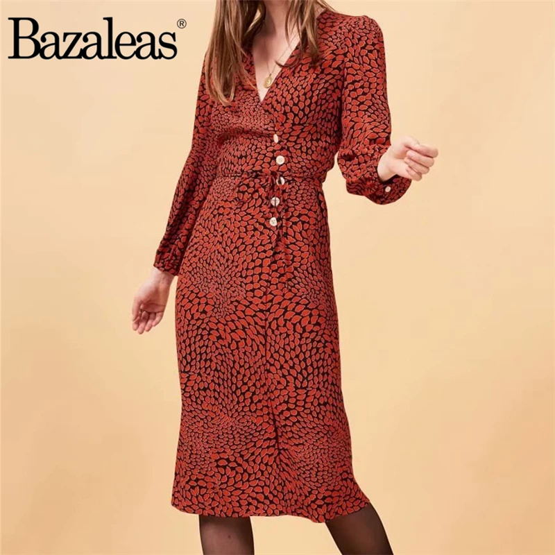 Винтажное платье халат Bazaleas из габина французское красное с принтом в виде