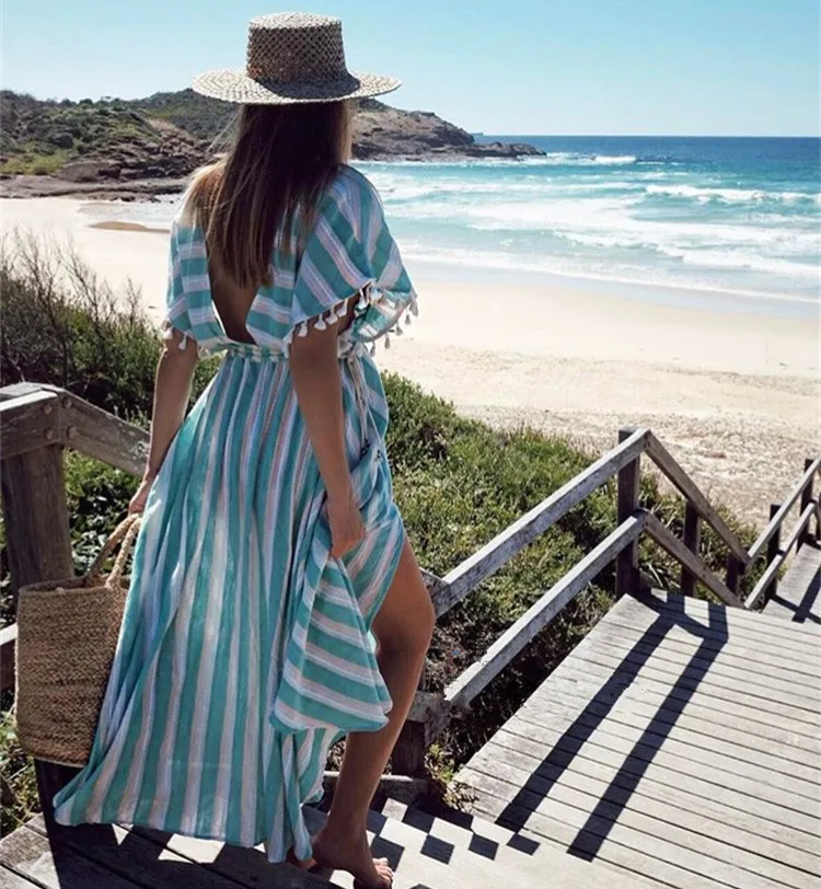 Женское крутое Мятное бирюзовое зеленое Полосатое платье Riviera Bottons спереди