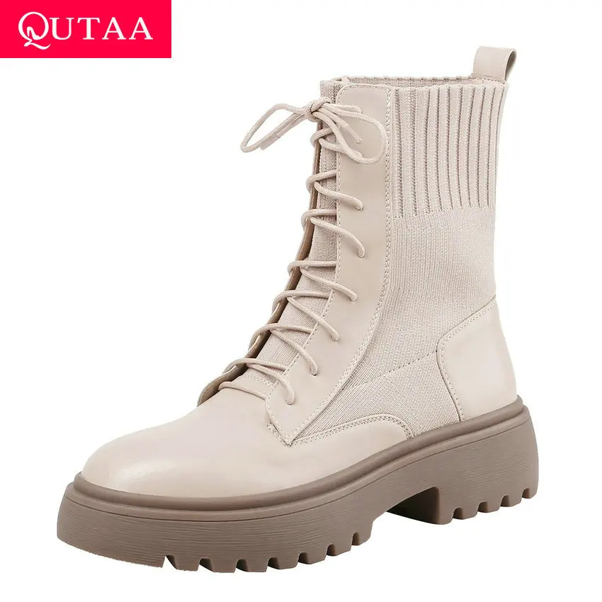 QUTAA/2020 г. Вязаные ботильоны на платформе из коровьей кожи в стиле пэчворк