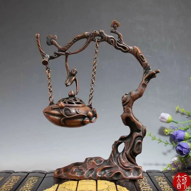 

China Antique Pure Copper Pine Monkey Xian Shou Hanging Incense Burner Ornament