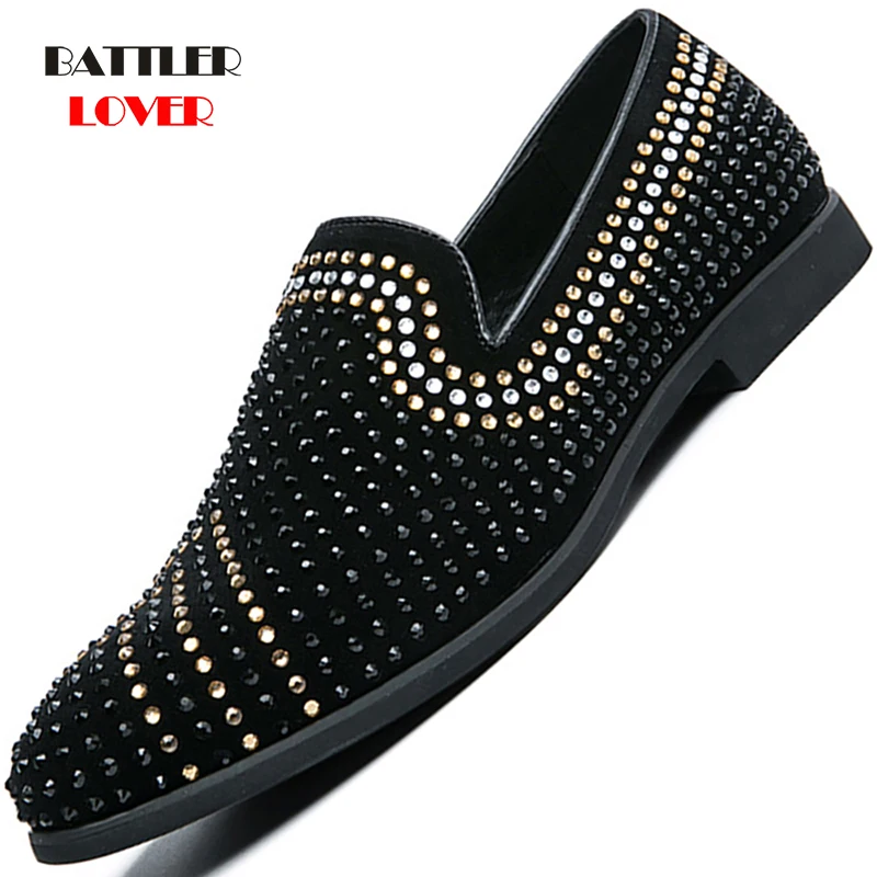 

Rhinestones Rivet Dress Shoes For Men 2021 Luxury Italian Style Fashion Formal Shoes Male Nightclub Wedding Party Suit Loafers