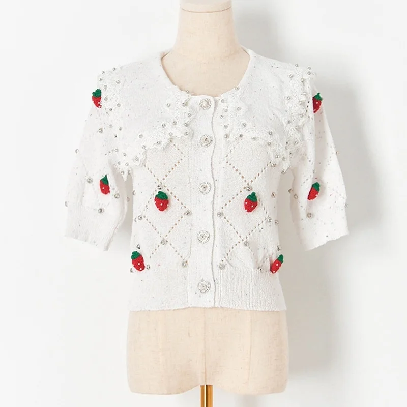 

2021 next new hollow out rhombic nail bead three dimensional nail bead strawberry short sleeve T-shirt sling women's z10502