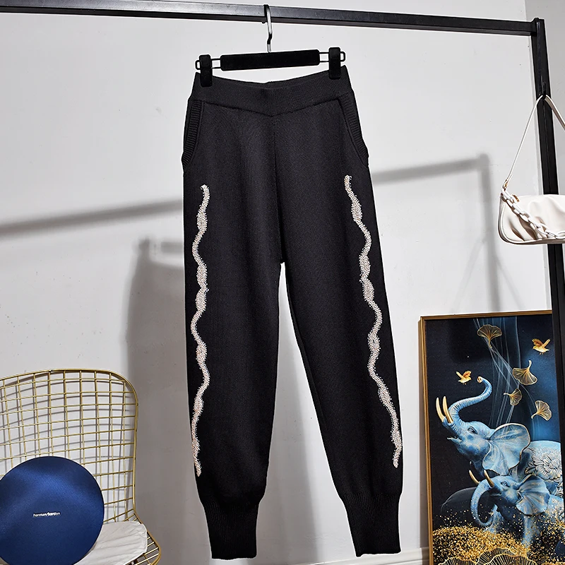 

Knitting Suit Womens Sequin Embroidery Fashion Long Sleeve Knitted Sweaters Elastic Waist Pencil Pants Two Piece Set S-2XL