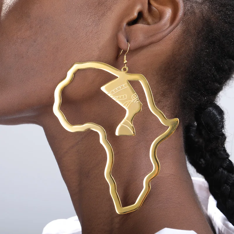 African Map Hoop Earrings Nigerian Jewelry Stainless Steel Egyptian Queen Nefertiti Earrings Ethnic Tribal Women Earrings