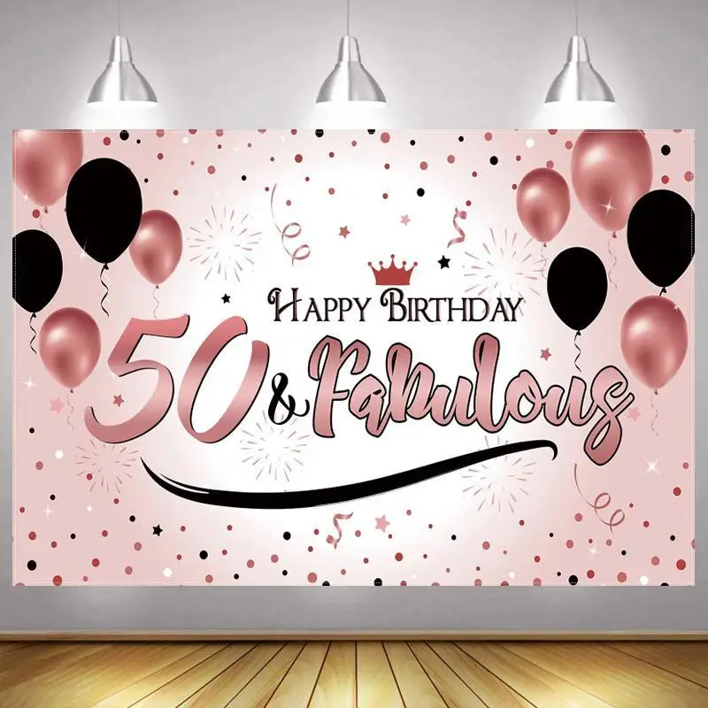 

Rose Gold 50th Photo Backdrop Lady Men Happy Birthday Party Decoration Dot Light Balloon Photography Background Photocall Banner