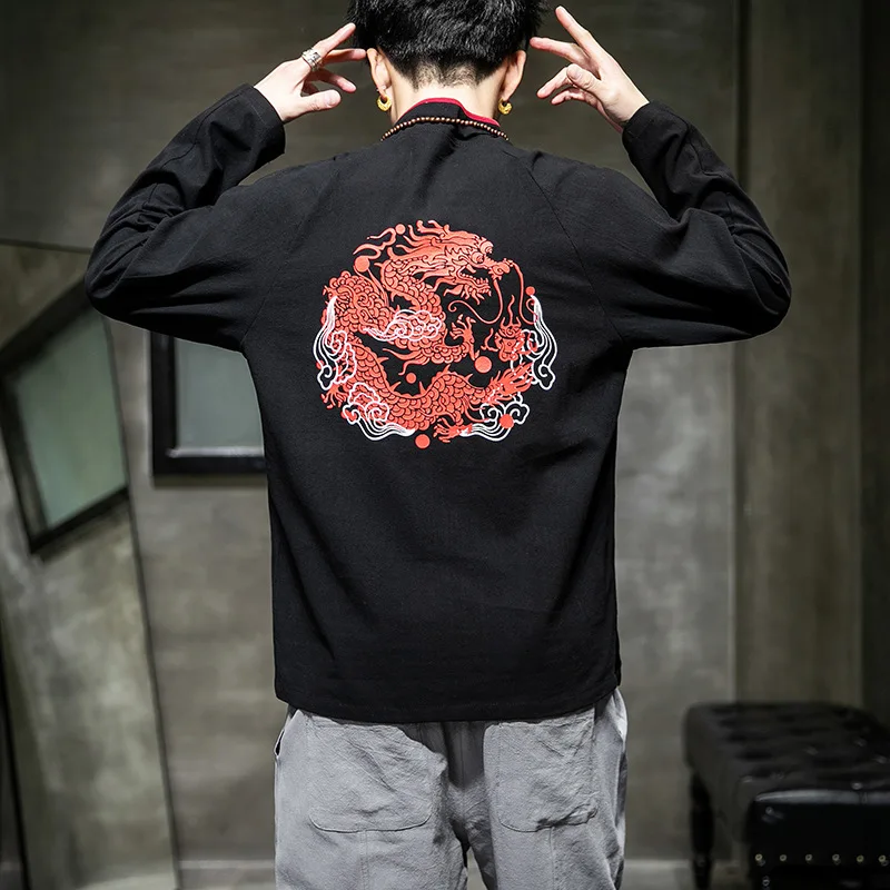 Хлопок лен плюс размер пуловер футболки вышитый кунг-фу тай-чи костюм мастера