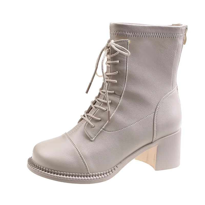 

High Heel Boots Women 2021 Autumn New Chunky Heels Woman Fashion Round Toe Lace Up Women's Martin Boot Mid Tube Shoe Female