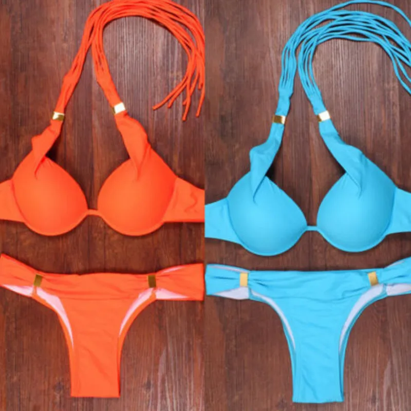 Женский комплект бикини с чашками пуш-ап купальный костюм бюстгальтером на