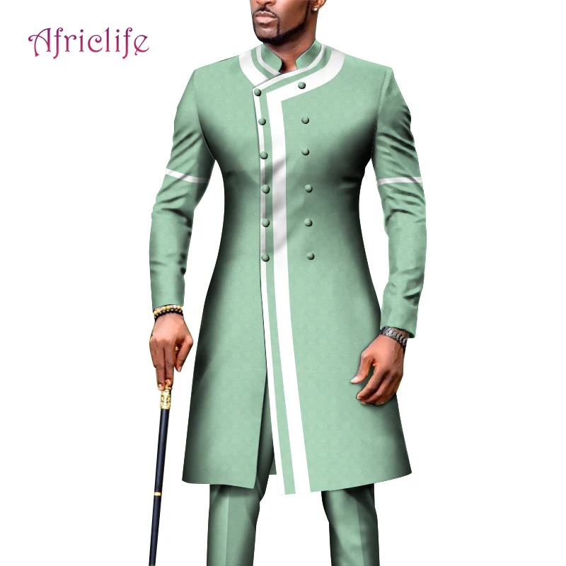 Men's Suit African Clothing Dashiki Long Slim Jackets and Pants Double Breasted Fit Formal Outfits for Wedding WYN1334