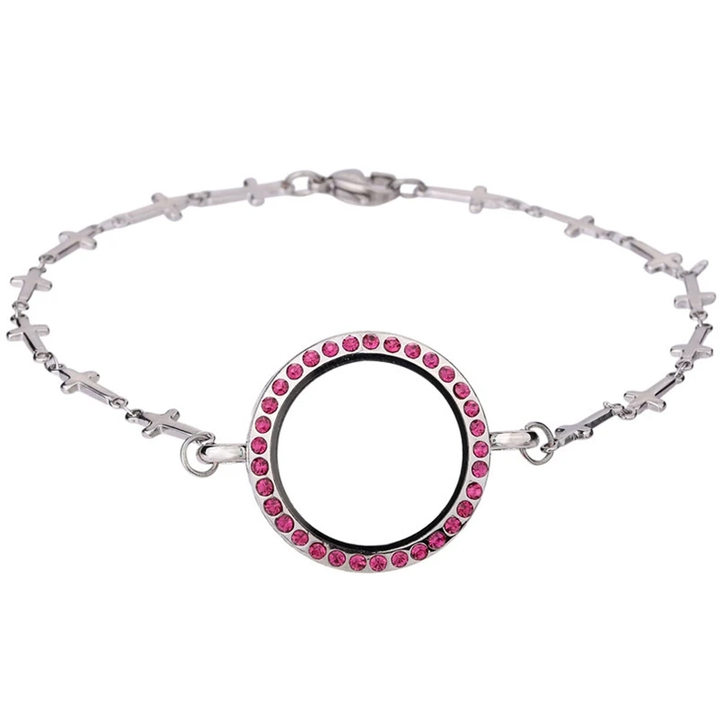

10PCS Rhinestone round glass lockets bracelet Living Memory Locket Bangles Cross Stainless Chain fit floating charms