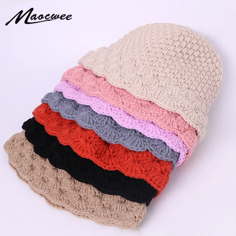 

Bucket Hat Women's Autumn Winter Korean Outdoor Warm Knitted Crochet Lace Hat British Fashion All-Match Folding Fisherman's Hat
